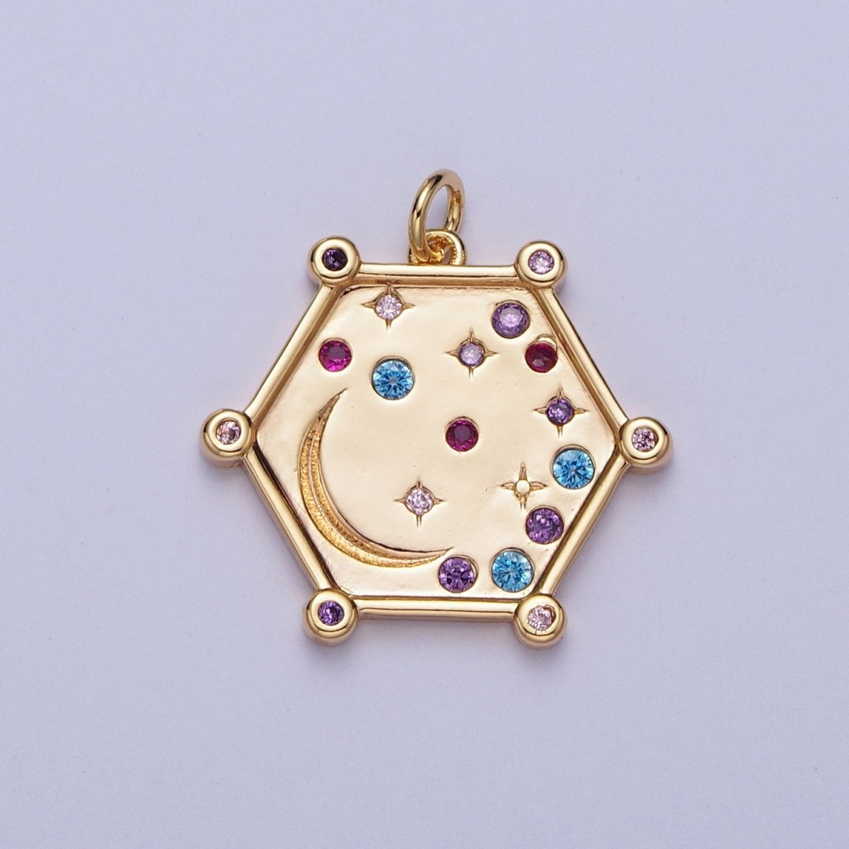 Gold, Silver Hexagonal Celestial Moon Clear, Pink & Green, Purple & Yellow Multicolor Charm | AC695 - AC696 - DLUXCA