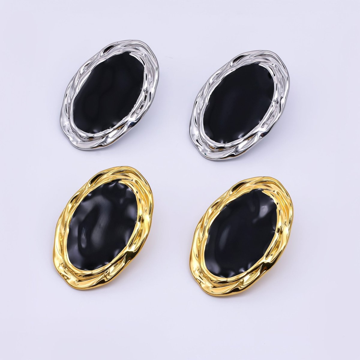 Gold & Silver Stainless Steel Black Enamel Oval Halo Void Stud Earrings | AJ091 AJ092 - DLUXCA