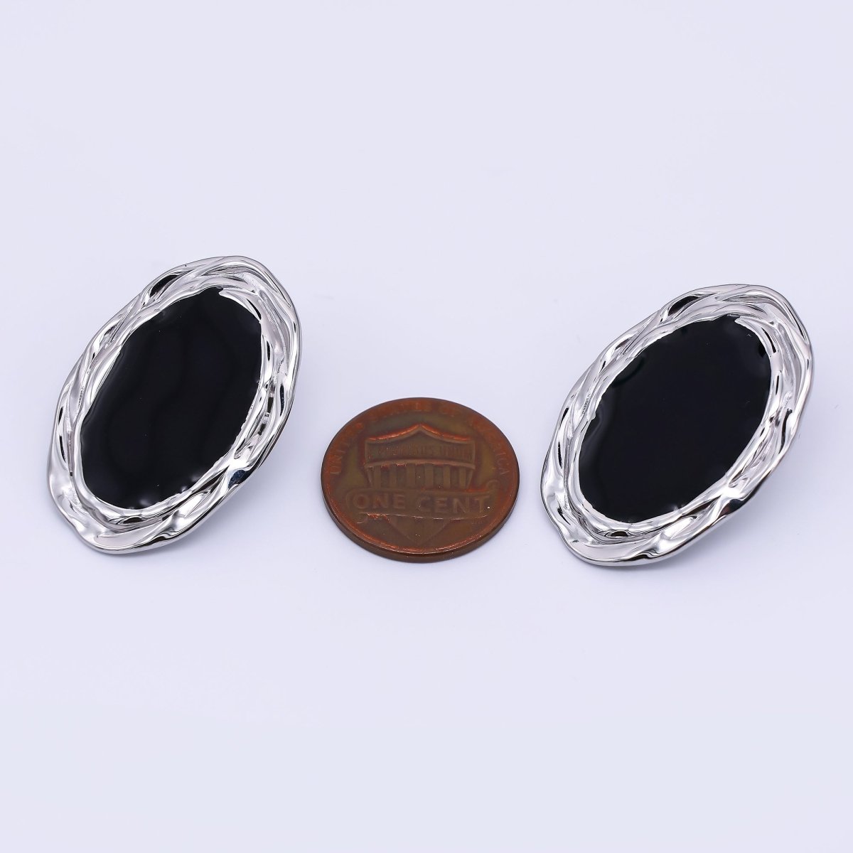 Gold & Silver Stainless Steel Black Enamel Oval Halo Void Stud Earrings | AJ091 AJ092 - DLUXCA