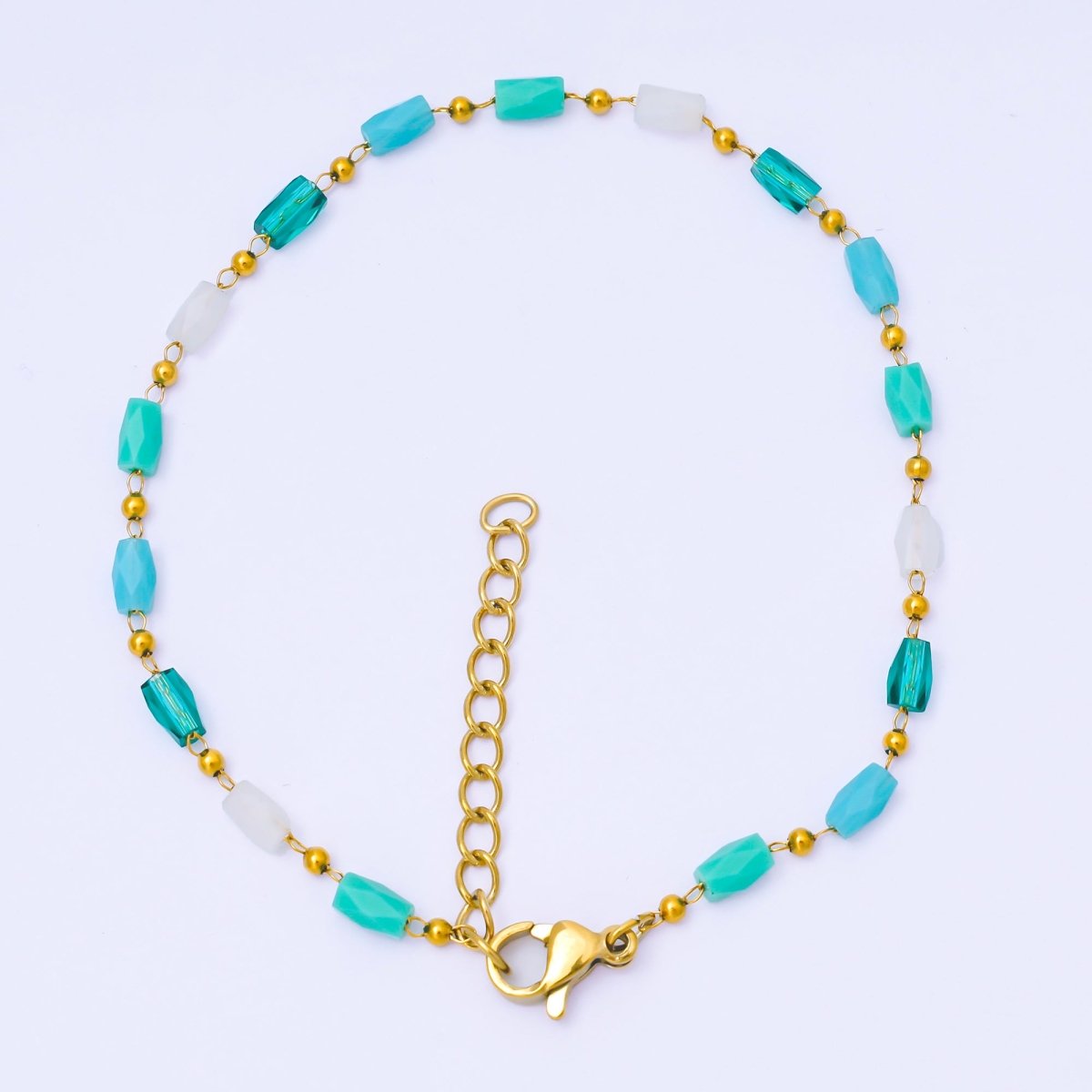 Gold Stainless Steel 1.9mm Blue, White, Teal Minimalist 7 Inches Glass Beads Bracelet | WA - 1376 - DLUXCA