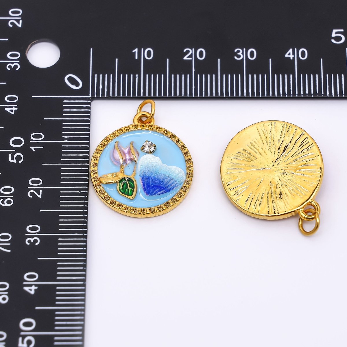 Gold Stainless Steel 23mm Round CZ Hand - Painted Enamel Flower & Heart Charm in Pink & Blue | J012 - DLUXCA