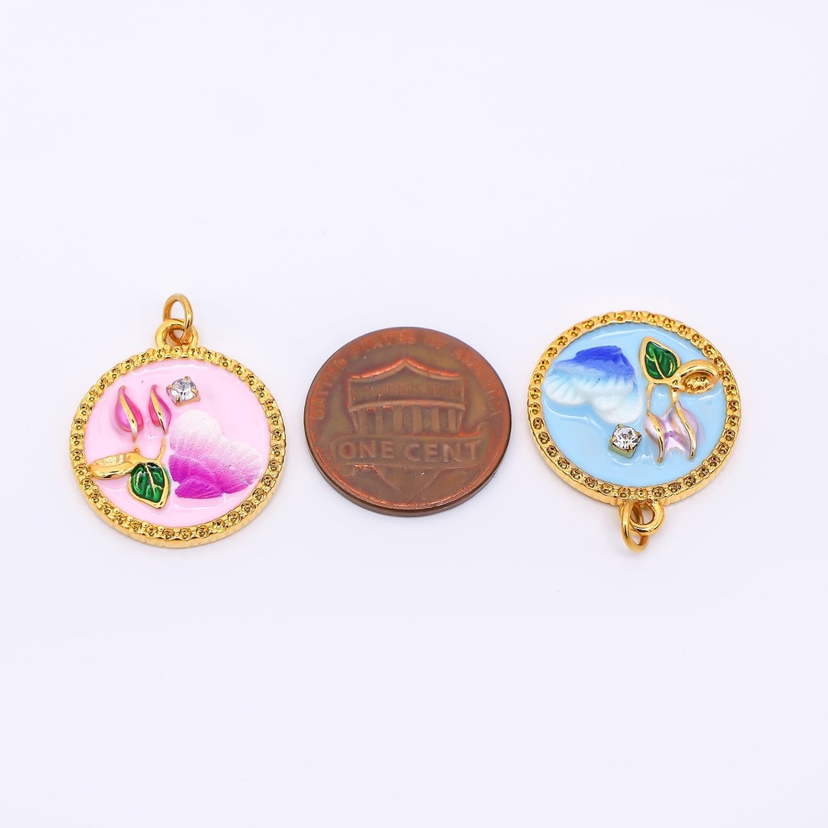 Gold Stainless Steel 23mm Round CZ Hand - Painted Enamel Flower & Heart Charm in Pink & Blue | J012 - DLUXCA