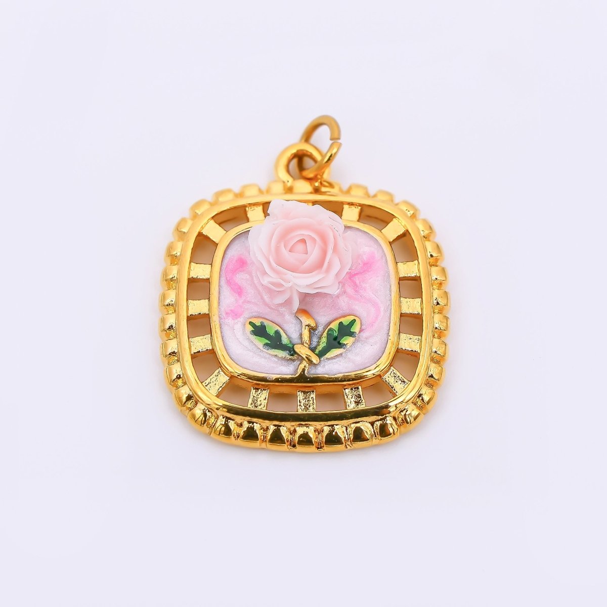 Gold Stainless Steel 24mm Hand - Painted Enamel Locket Flower Charm in Pink & Blue | J028 - DLUXCA