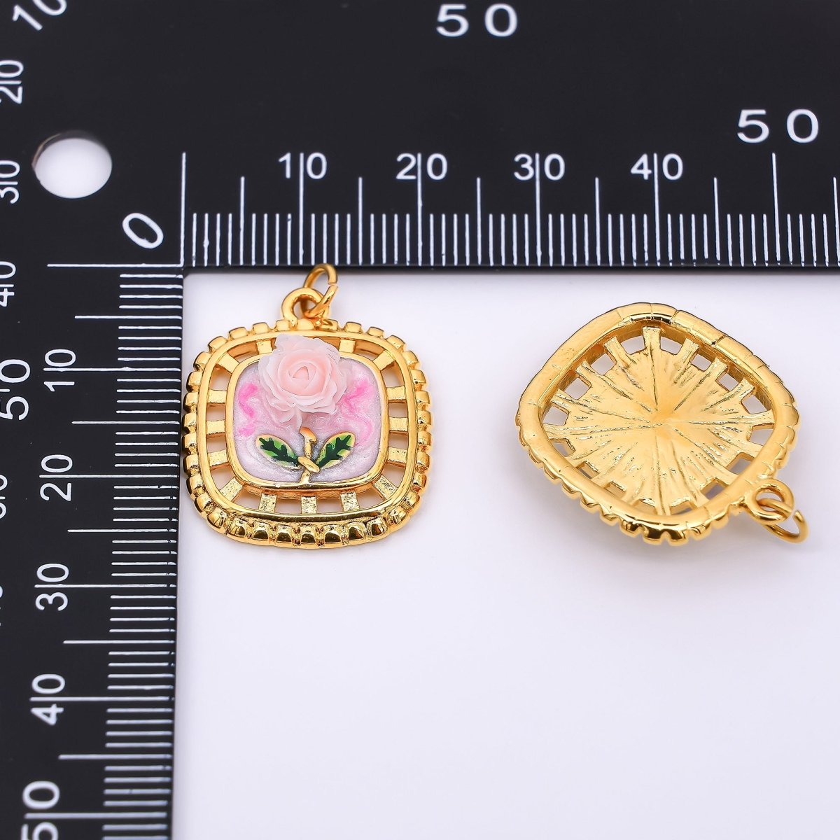 Gold Stainless Steel 24mm Hand - Painted Enamel Locket Flower Charm in Pink & Blue | J028 - DLUXCA