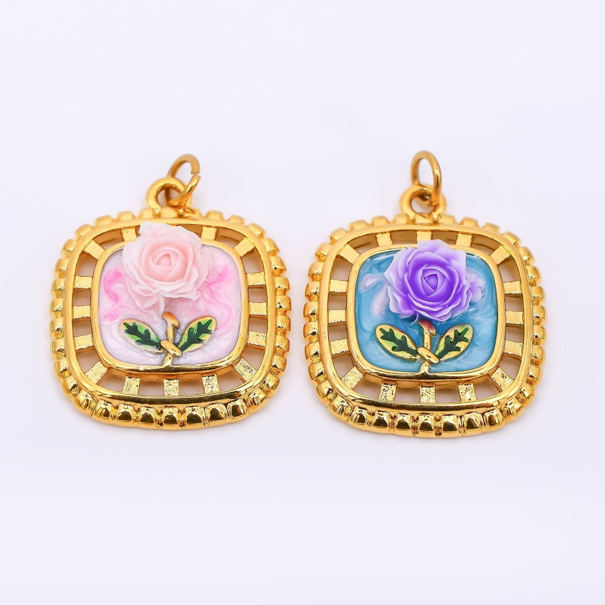 Gold Stainless Steel 24mm Hand - Painted Enamel Locket Flower Charm in Pink & Blue | J028 - DLUXCA