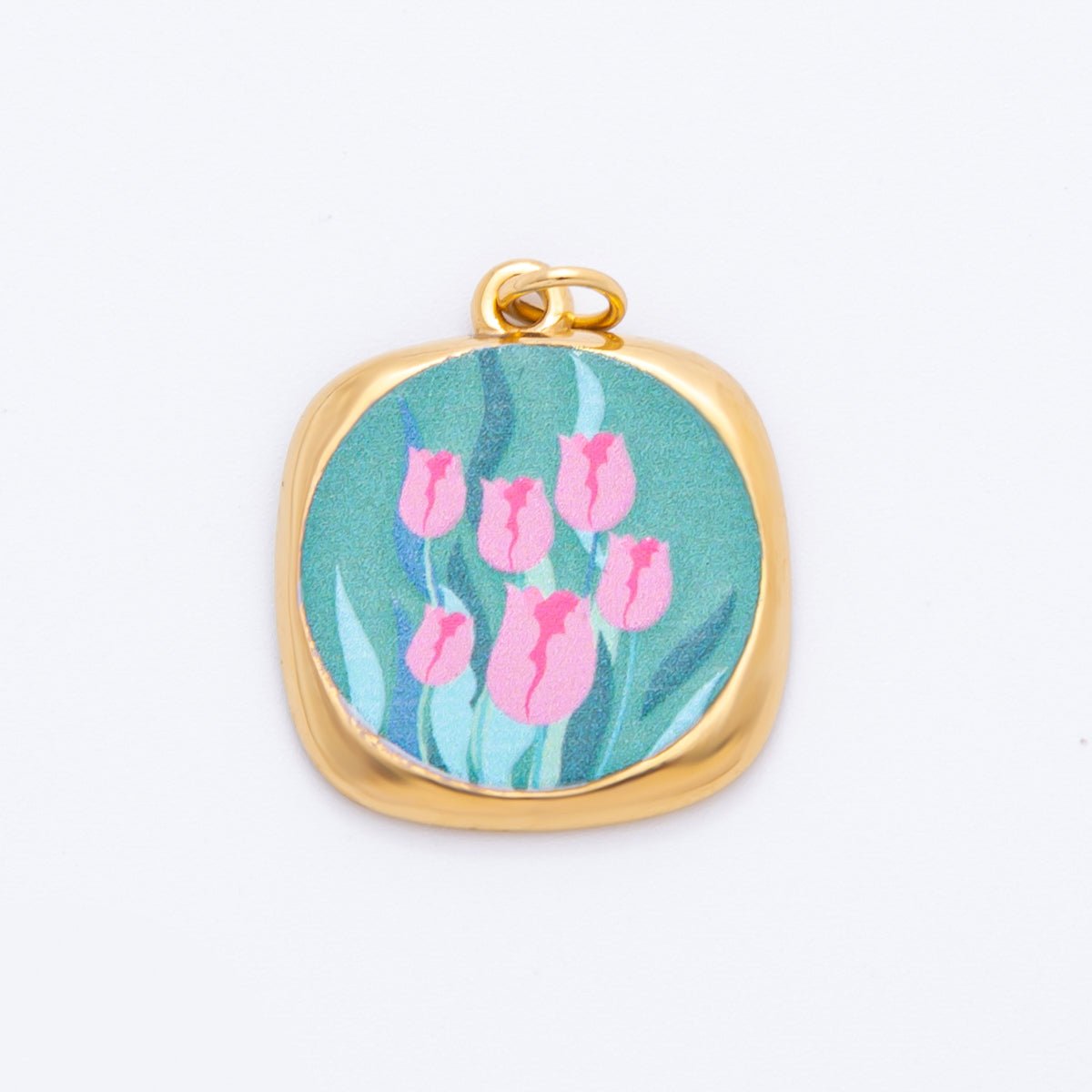 Gold Stainless Steel 25mm Hand - Painted Enamel Dreamy Theme Flower Charm | J319 J324 J335 J356 J358 J362 - DLUXCA