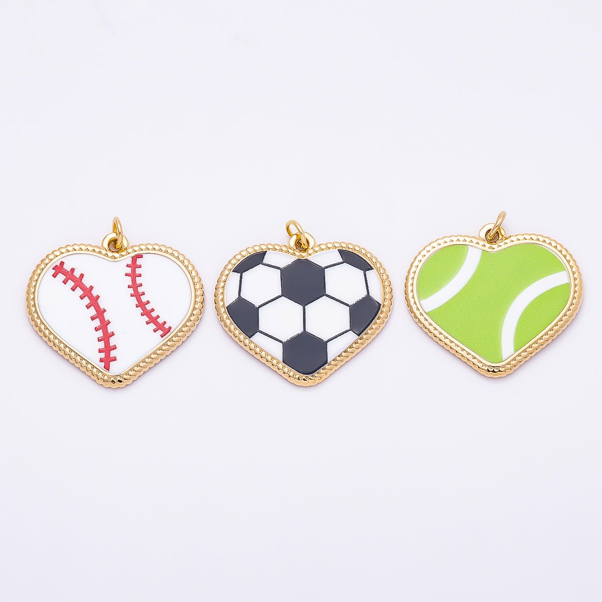 Gold Stainless Steel 25mm Tennis, Baseball, Soccer Enamel Bezel Heart Charm | Charms-01335 ~ Charms-01337 - DLUXCA
