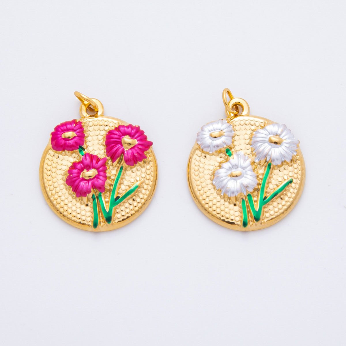 Gold Stainless Steel 26.5mm Fuchsia & White Enamel Flower in Coin Charm | J683 - DLUXCA