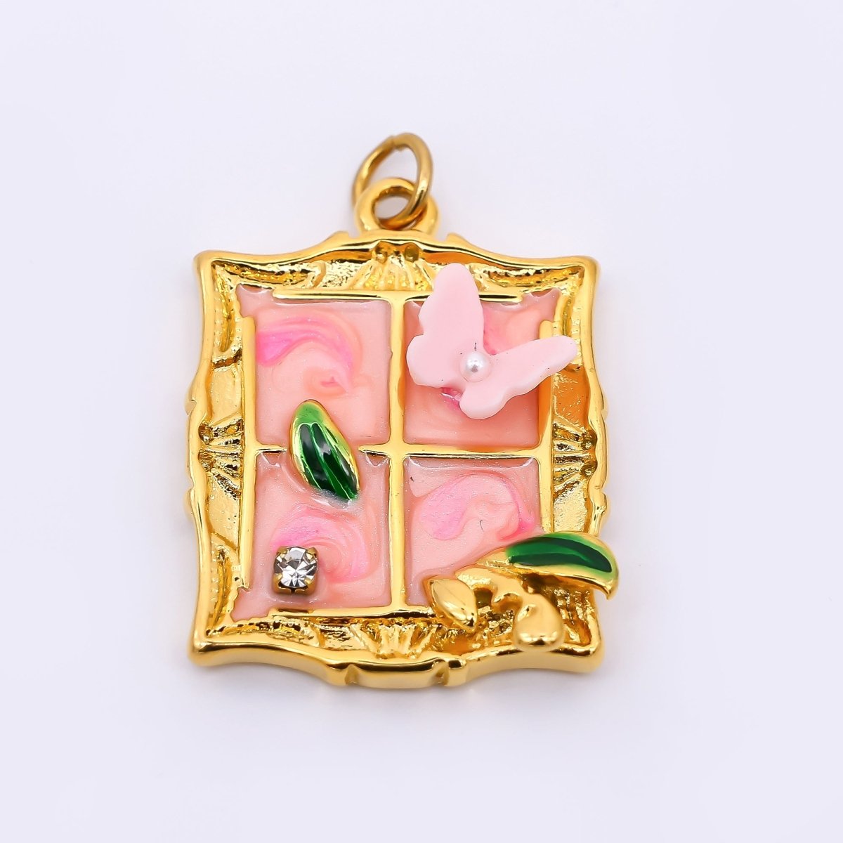 Gold Stainless Steel 26mm Hand - Painting Enamel Windows with Butterfly Charm in Green & Pink | J010 - DLUXCA