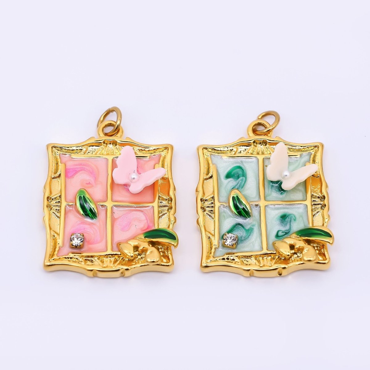 Gold Stainless Steel 26mm Hand - Painting Enamel Windows with Butterfly Charm in Green & Pink | J010 - DLUXCA