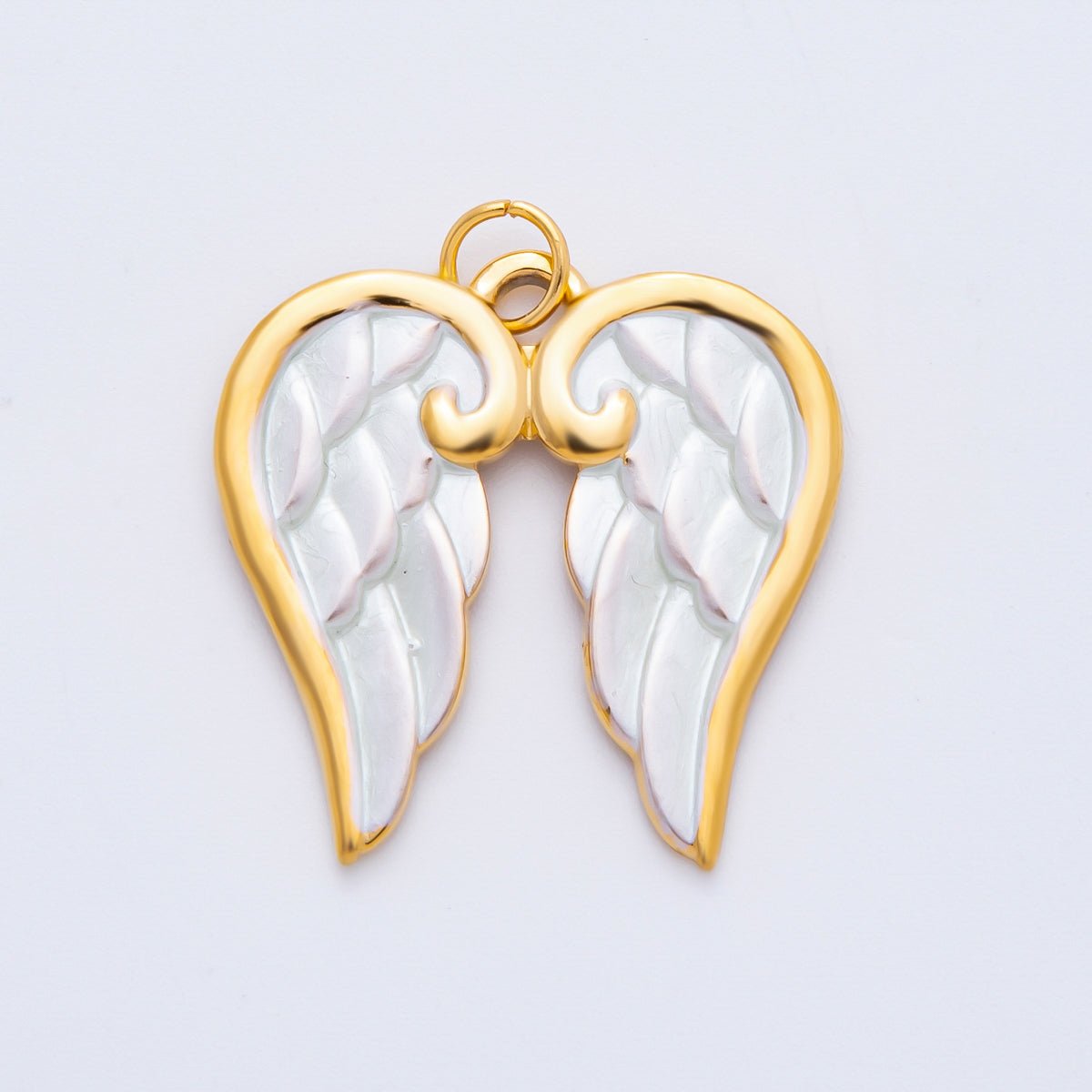 Gold Stainless Steel 26mm White Enamel Heavenly Angel Wings Charm | J778 - DLUXCA