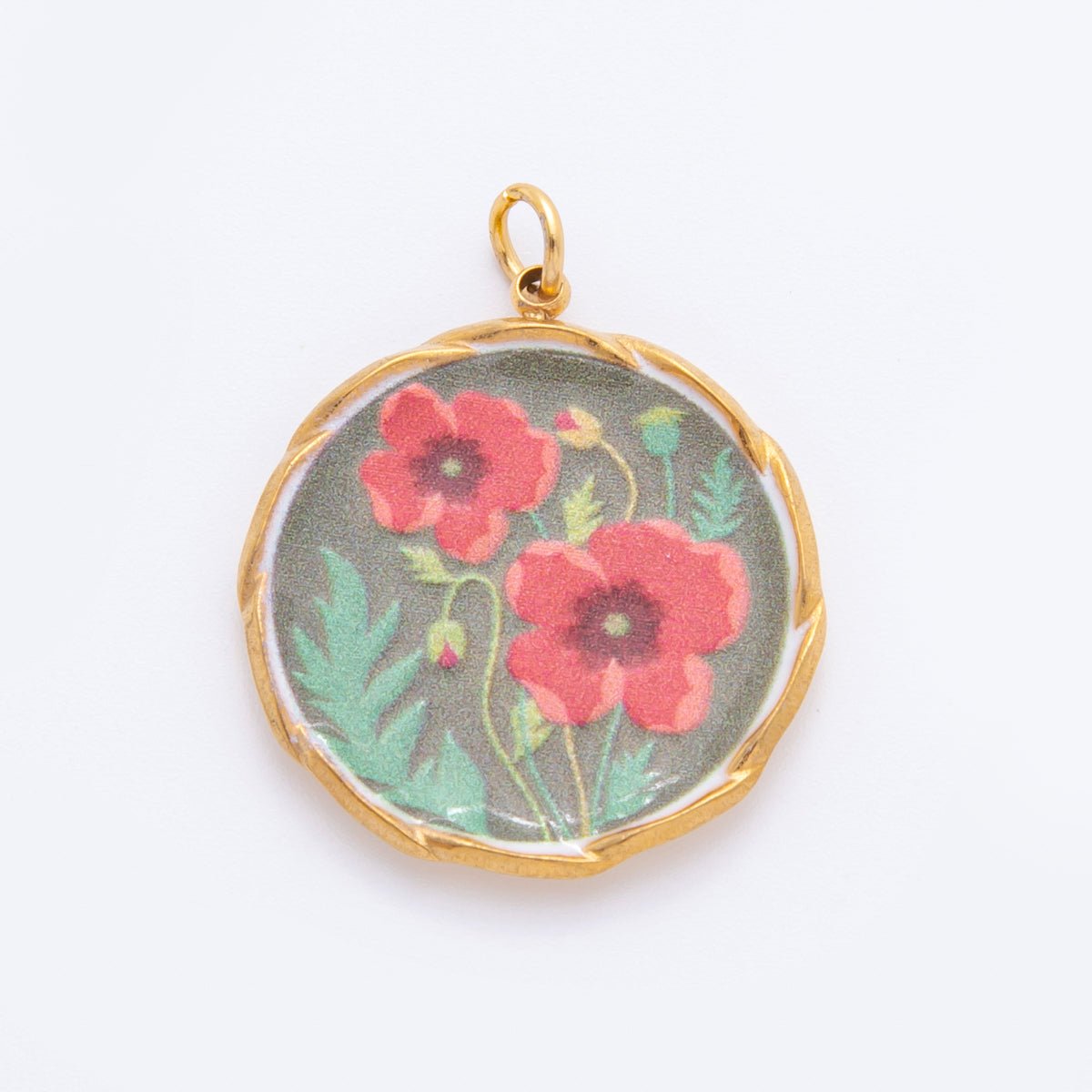 Gold Stainless Steel 29mm Hand - Painted Enamel Round Red Poppy Flower Charm | J337 - DLUXCA