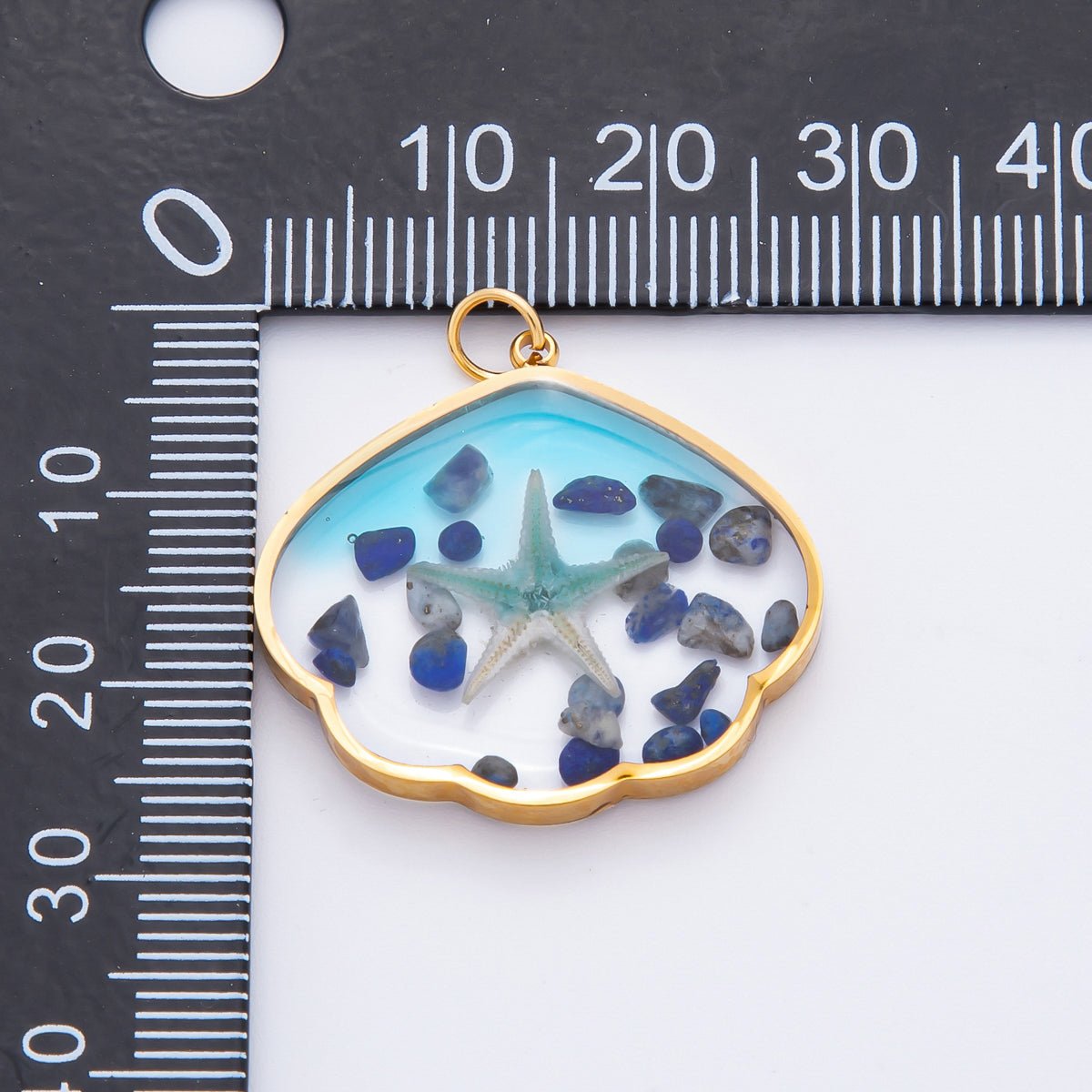 Gold Stainless Steel 29mm Ocean Blue Resin Starfish & Beach Stones Charm | J696 - DLUXCA