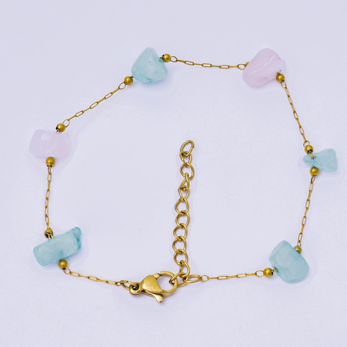 Gold Stainless Steel 2mm Blue, Pink 7 Inches Gemstone Beads Bracelet | WA - 1370 - DLUXCA