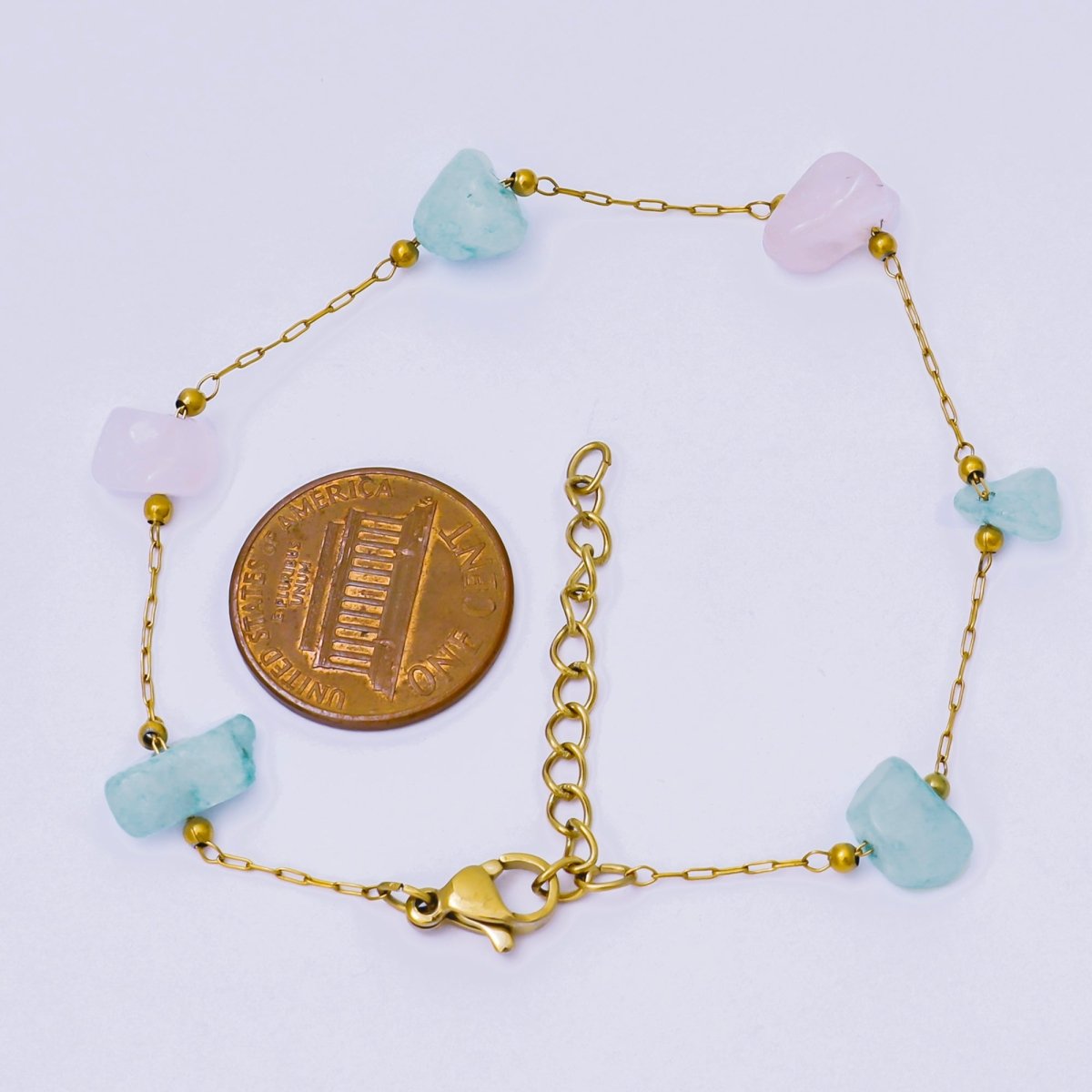 Gold Stainless Steel 2mm Blue, Pink 7 Inches Gemstone Beads Bracelet | WA - 1370 - DLUXCA