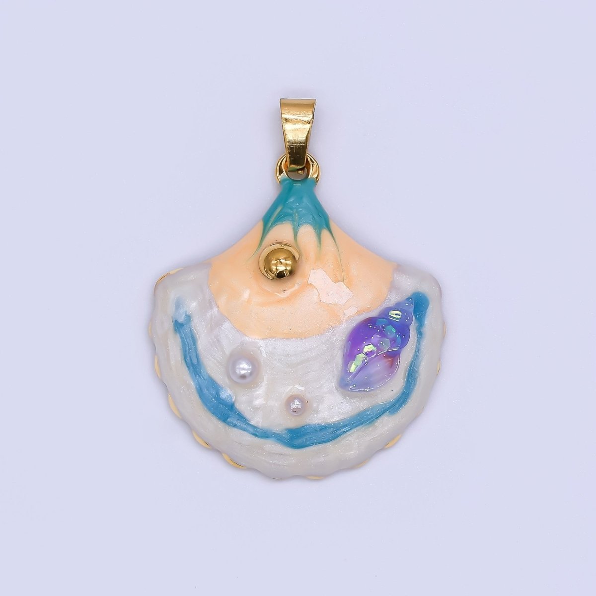 Gold Stainless Steel 30mm Hand - Painted Enamel Colorful Clam Shell Pendant | J187 - DLUXCA