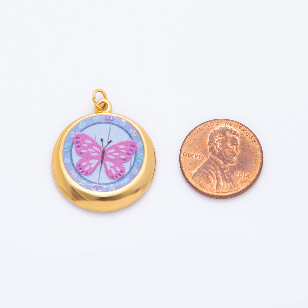 Gold Stainless Steel 30mm Hand - Painted Enamel Round Fantasy Butterfly, Sun, & Flower Charm | J381 J393 J422 J428 - DLUXCA