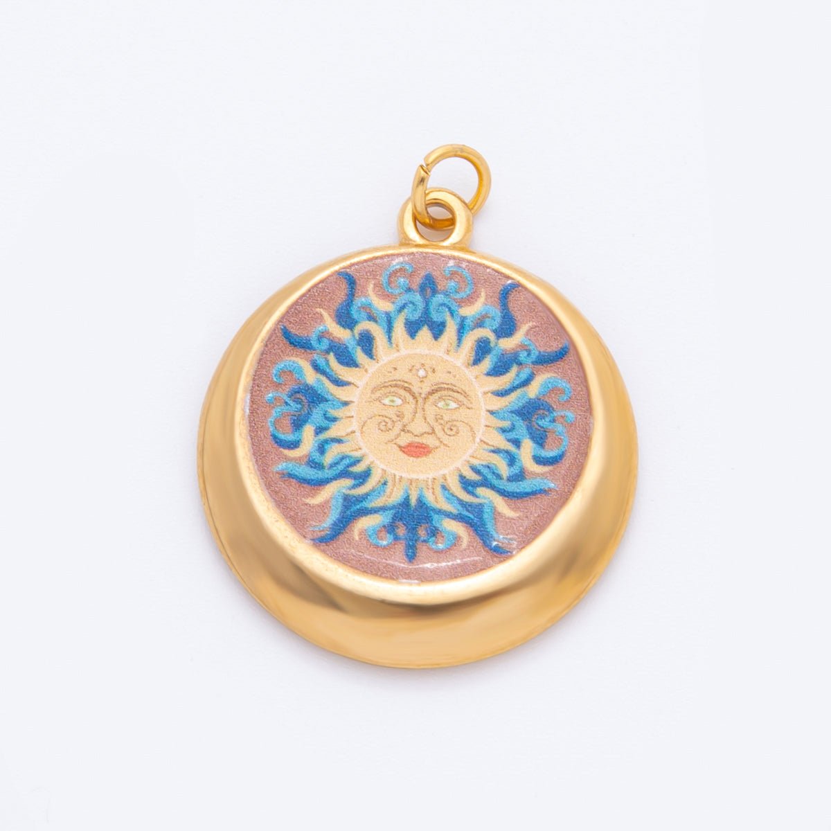 Gold Stainless Steel 30mm Hand - Painted Enamel Round Fantasy Butterfly, Sun, & Flower Charm | J381 J393 J422 J428 - DLUXCA