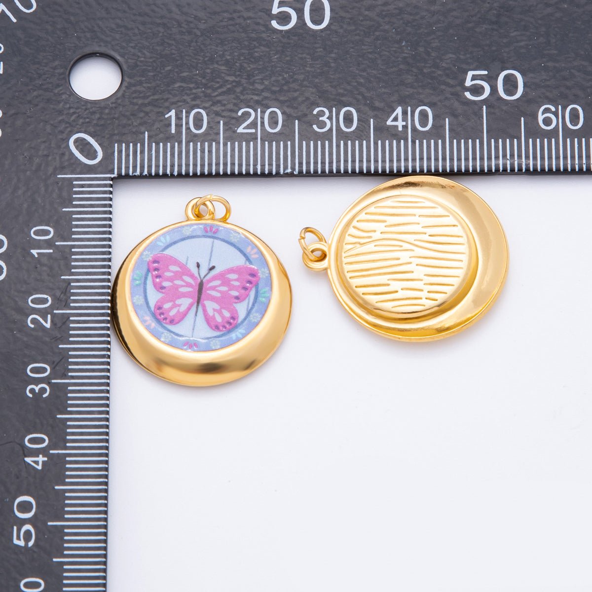 Gold Stainless Steel 30mm Hand - Painted Enamel Round Fantasy Butterfly, Sun, & Flower Charm | J381 J393 J422 J428 - DLUXCA