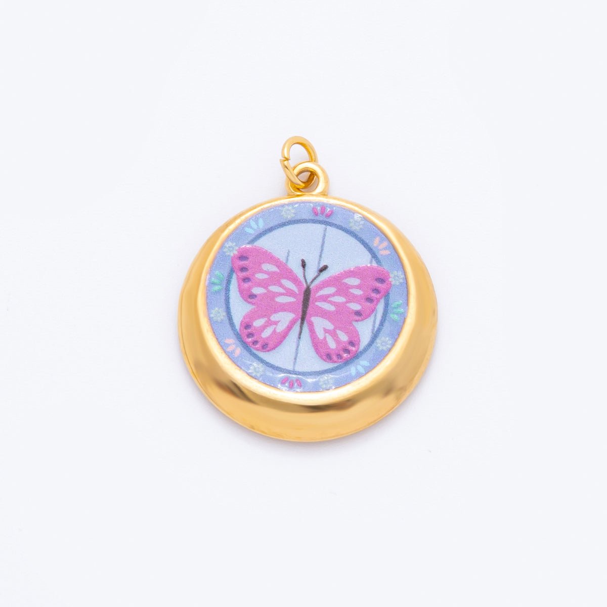Gold Stainless Steel 30mm Hand - Painted Enamel Round Fantasy Butterfly, Sun, & Flower Charm | J381 J393 J422 J428 - DLUXCA