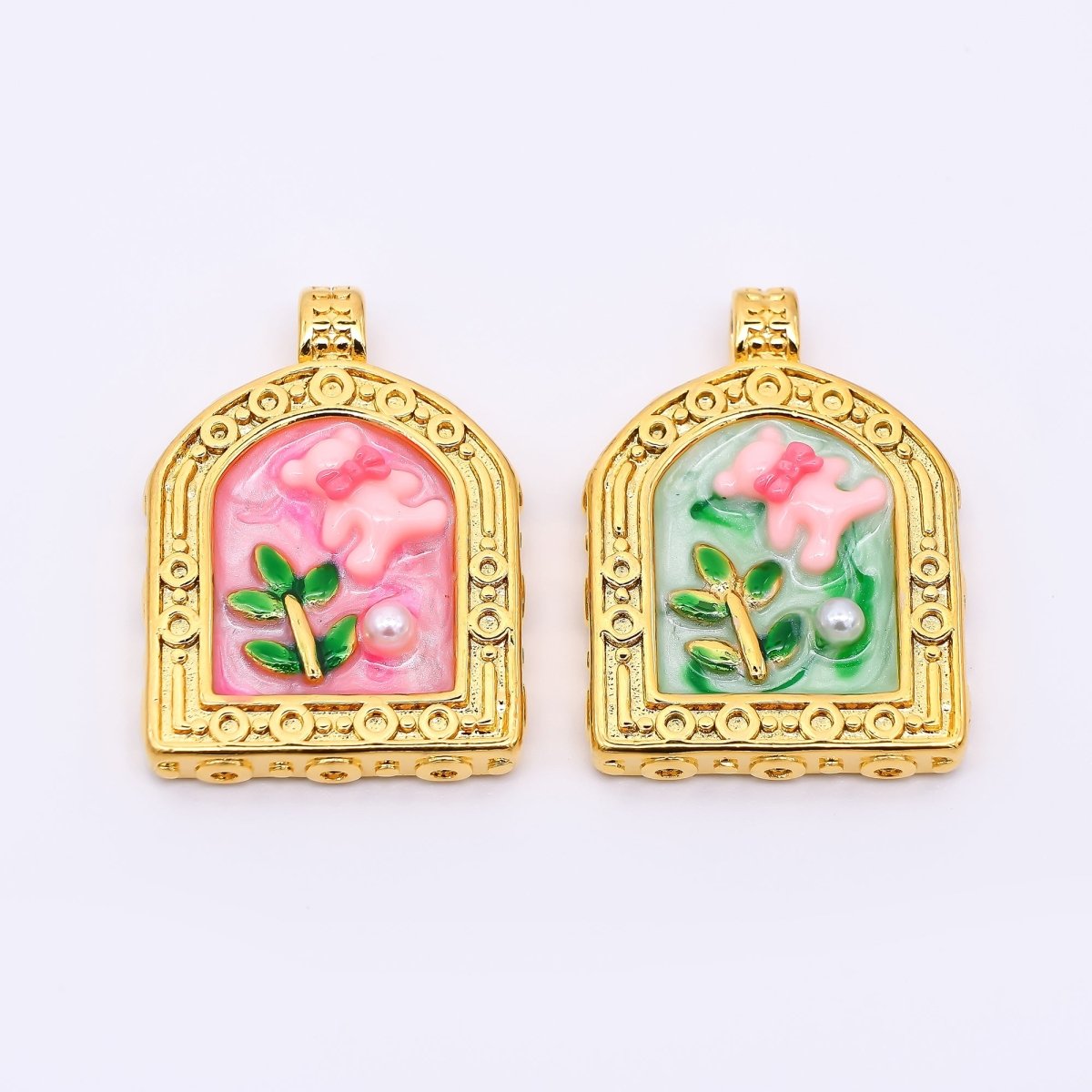Gold Stainless Steel 30mm Hand - Painted Enamel Teddy Bear and Shell Pearl Pendant in Pink & Green | P663 - DLUXCA
