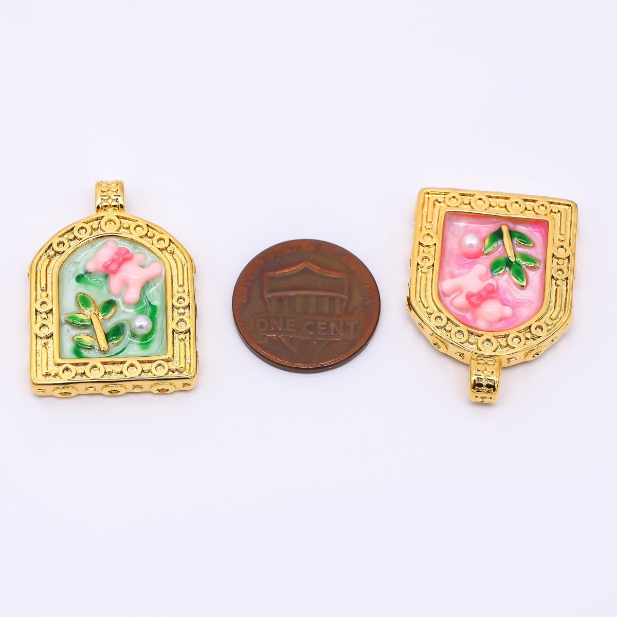 Gold Stainless Steel 30mm Hand - Painted Enamel Teddy Bear and Shell Pearl Pendant in Pink & Green | P663 - DLUXCA