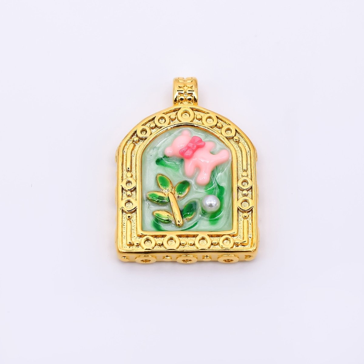 Gold Stainless Steel 30mm Hand - Painted Enamel Teddy Bear and Shell Pearl Pendant in Pink & Green | P663 - DLUXCA