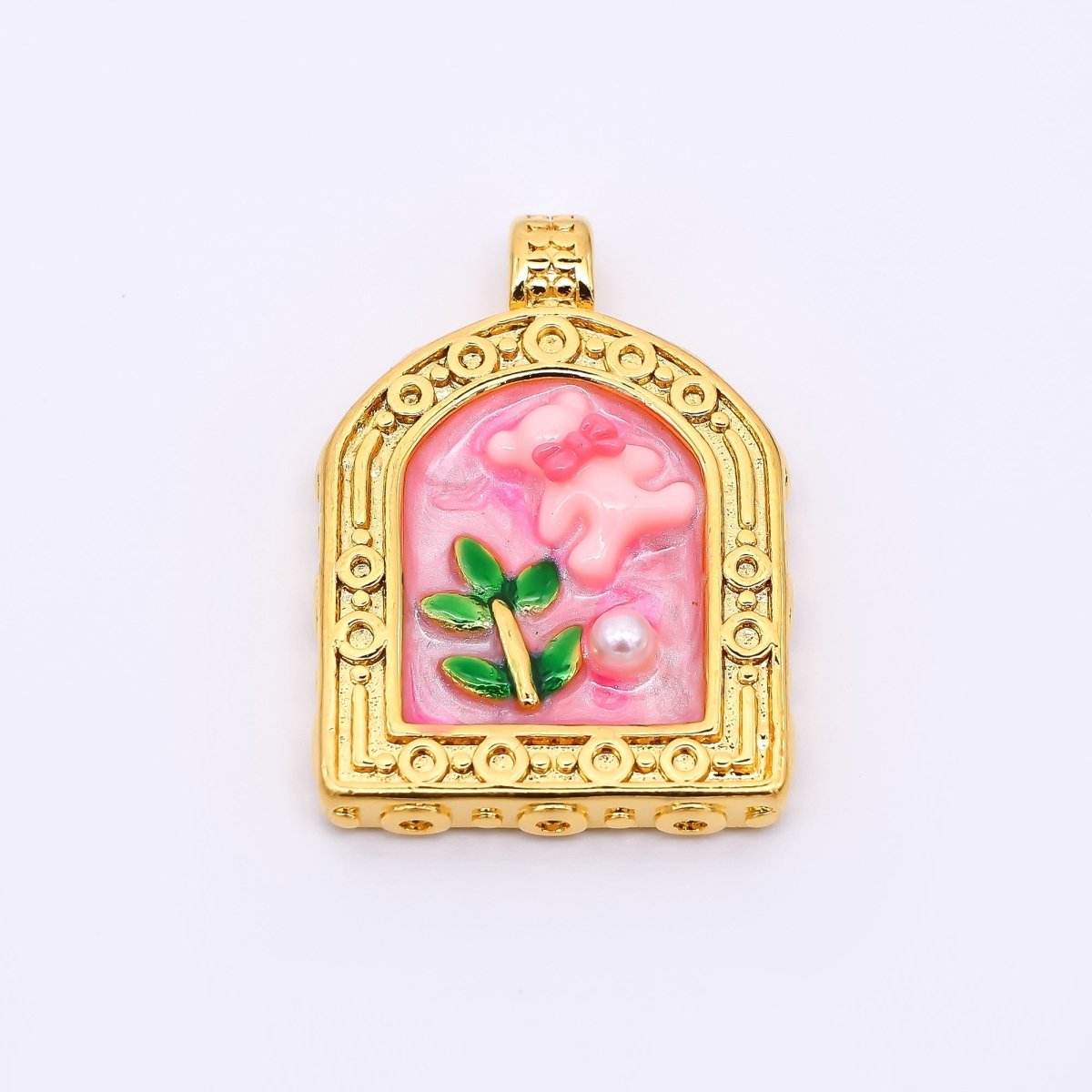 Gold Stainless Steel 30mm Hand - Painted Enamel Teddy Bear and Shell Pearl Pendant in Pink & Green | P663 - DLUXCA