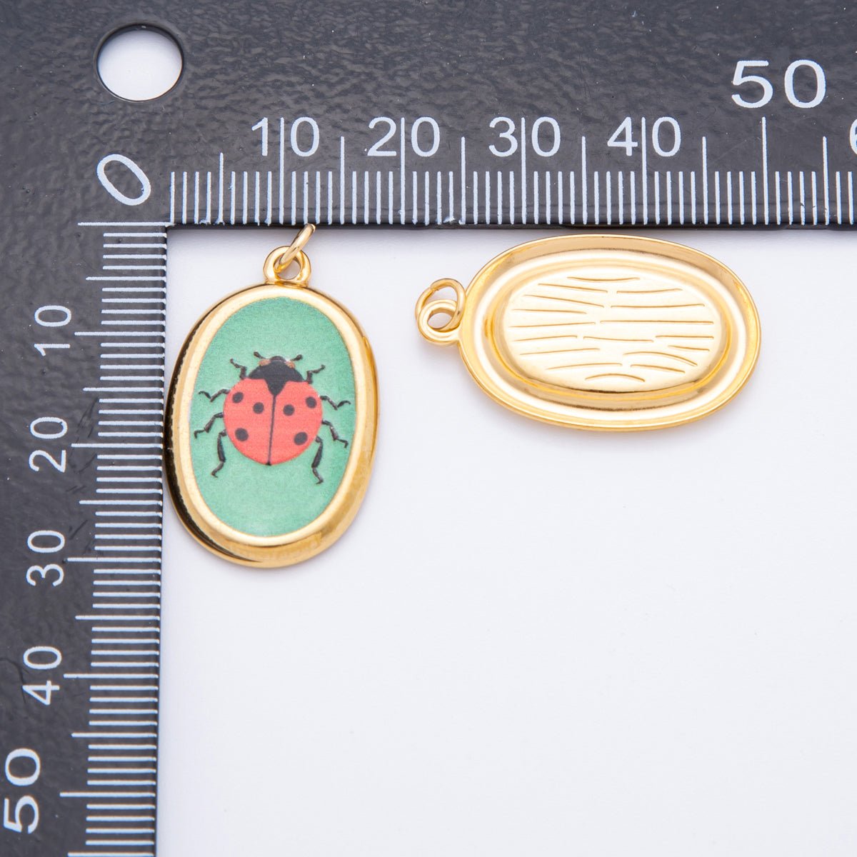 Gold Stainless Steel 31mm Hand - Painted Enamel Oval Ladybug Insect Charm | J420 - DLUXCA