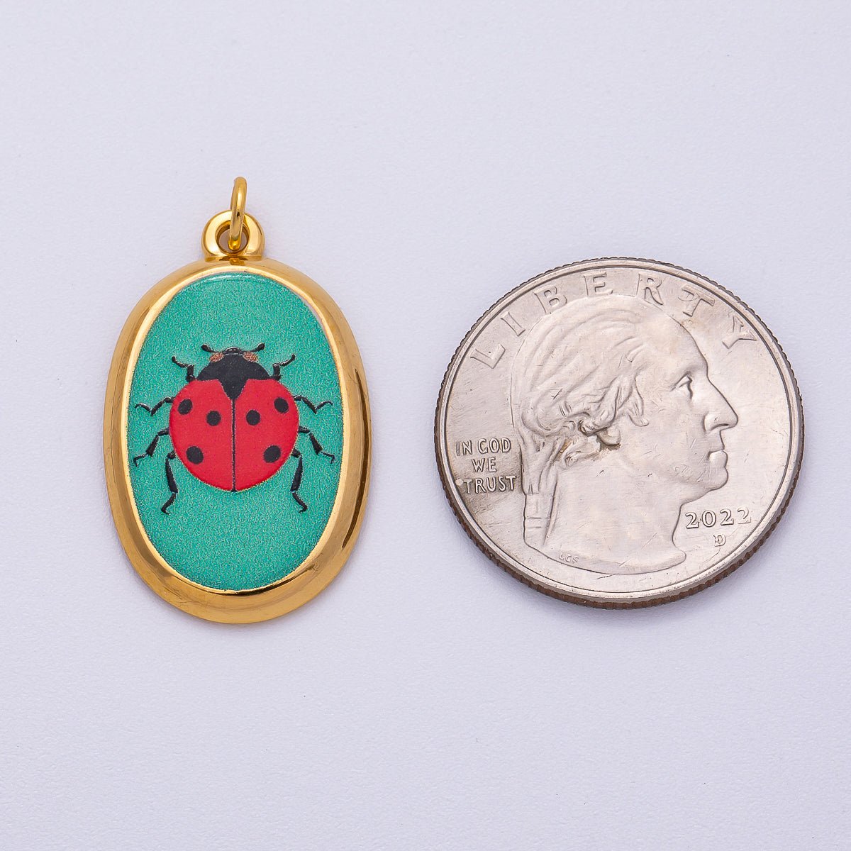 Gold Stainless Steel 31mm Hand - Painted Enamel Oval Ladybug Insect Charm | J420 - DLUXCA