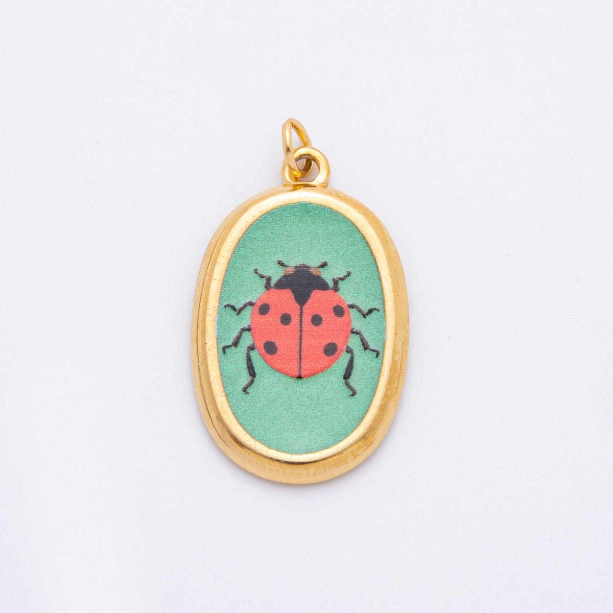Gold Stainless Steel 31mm Hand - Painted Enamel Oval Ladybug Insect Charm | J420 - DLUXCA