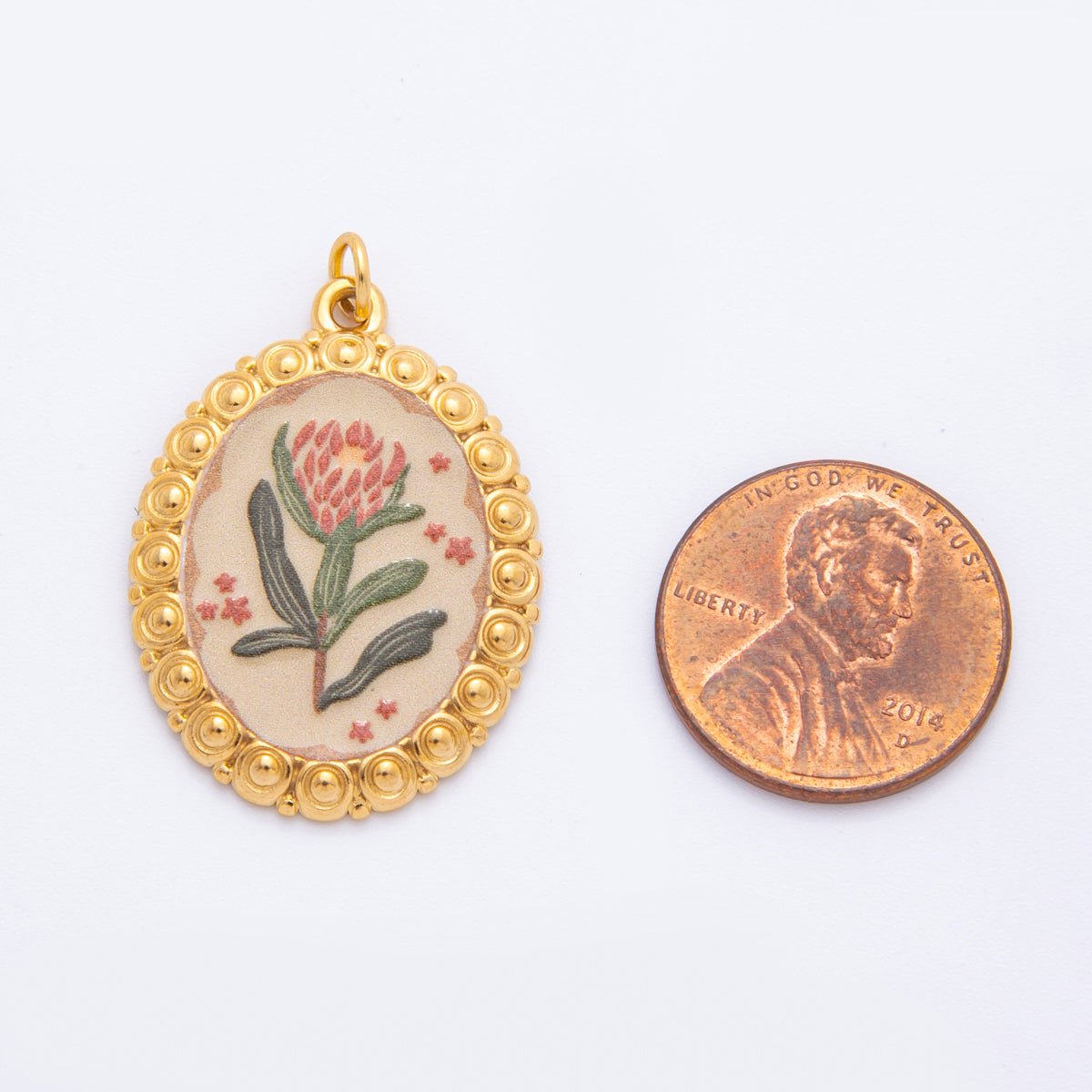 Gold Stainless Steel 33.5mm Hand - Painted Enamel Red Flower Artsy Charm | J011 J008 J009 J027 - DLUXCA