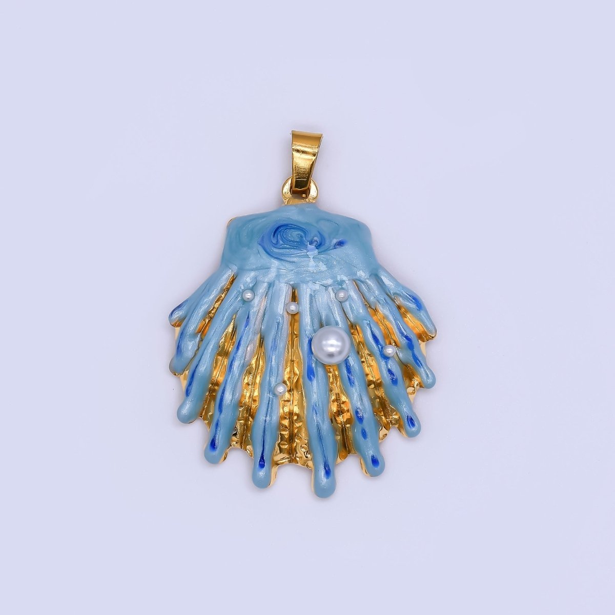 Gold Stainless Steel 33mm Hand - Painted Enamel Blue Clam Shell Pendant | J169 - DLUXCA