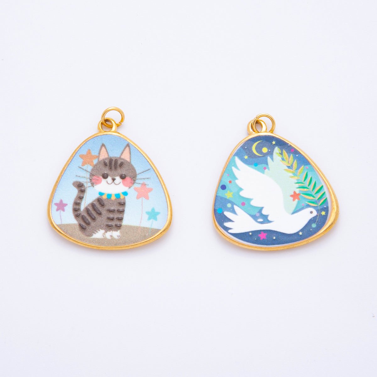 Gold Stainless Steel 33mm Hand - Painted Enamel Lovely Dove & Kitty Car Charm | J447 - DLUXCA