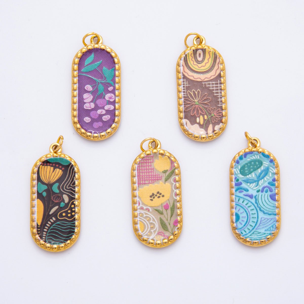 Gold Stainless Steel 34mm Hand - Painting Enamel Artsy Floral Long Oval Charm | J723 J737 J739 J759 J770 - DLUXCA