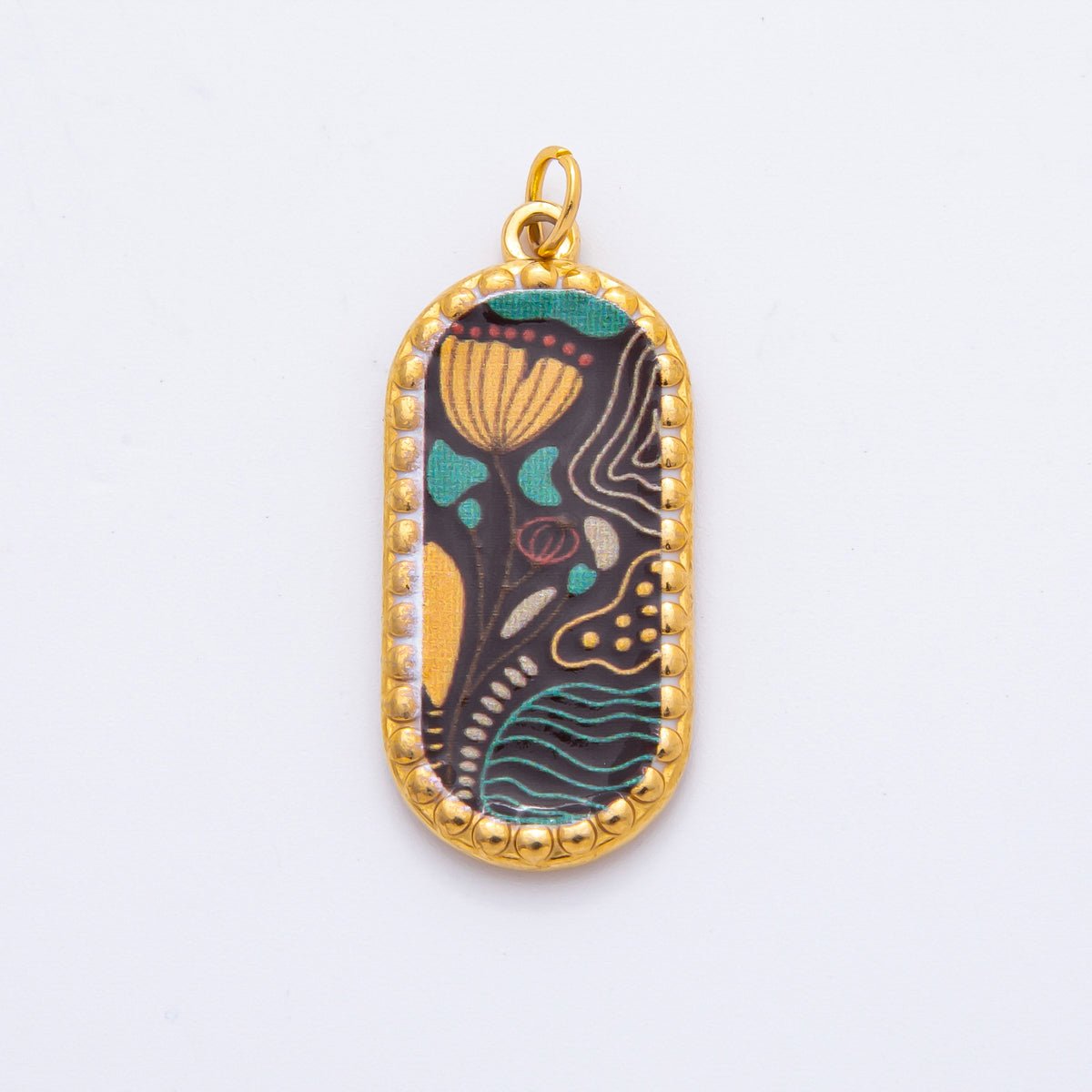 Gold Stainless Steel 34mm Hand - Painting Enamel Artsy Floral Long Oval Charm | J723 J737 J739 J759 J770 - DLUXCA
