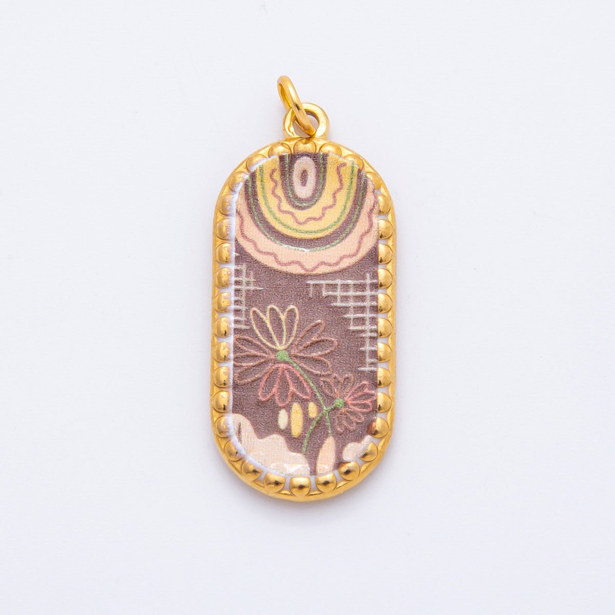 Gold Stainless Steel 34mm Hand - Painting Enamel Artsy Floral Long Oval Charm | J723 J737 J739 J759 J770 - DLUXCA