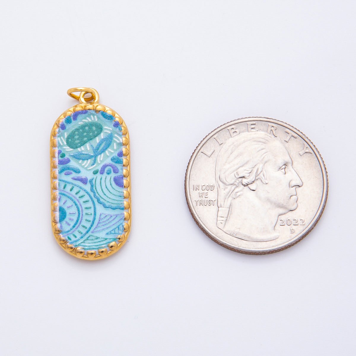 Gold Stainless Steel 34mm Hand - Painting Enamel Artsy Floral Long Oval Charm | J723 J737 J739 J759 J770 - DLUXCA