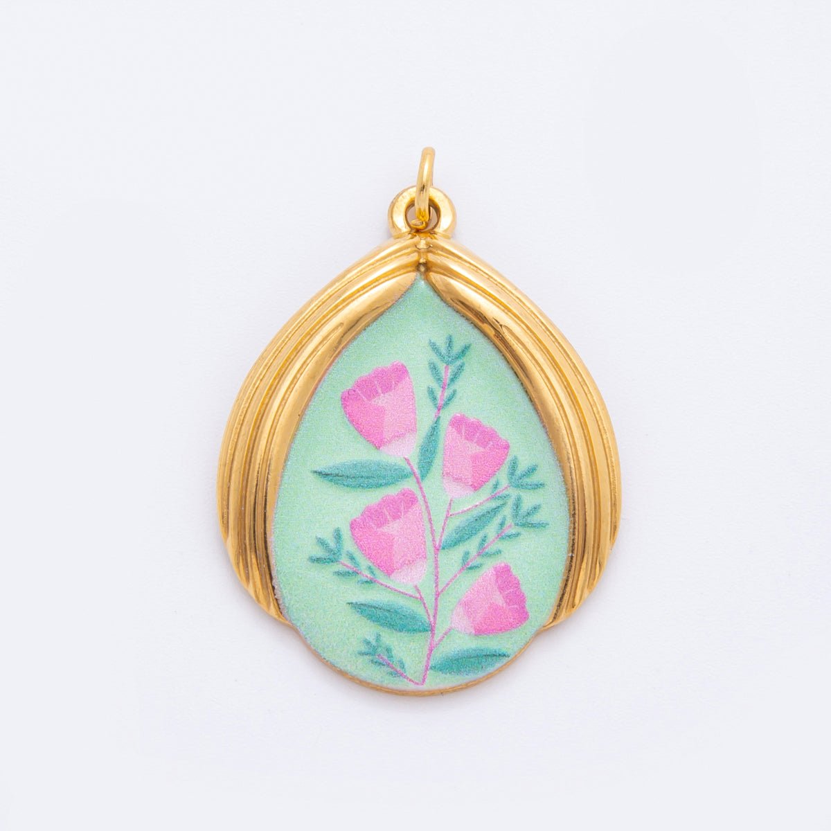 Gold Stainless Steel 35mm Hand - Painted Enamel Pink Rose Flower Charm | J166 - DLUXCA