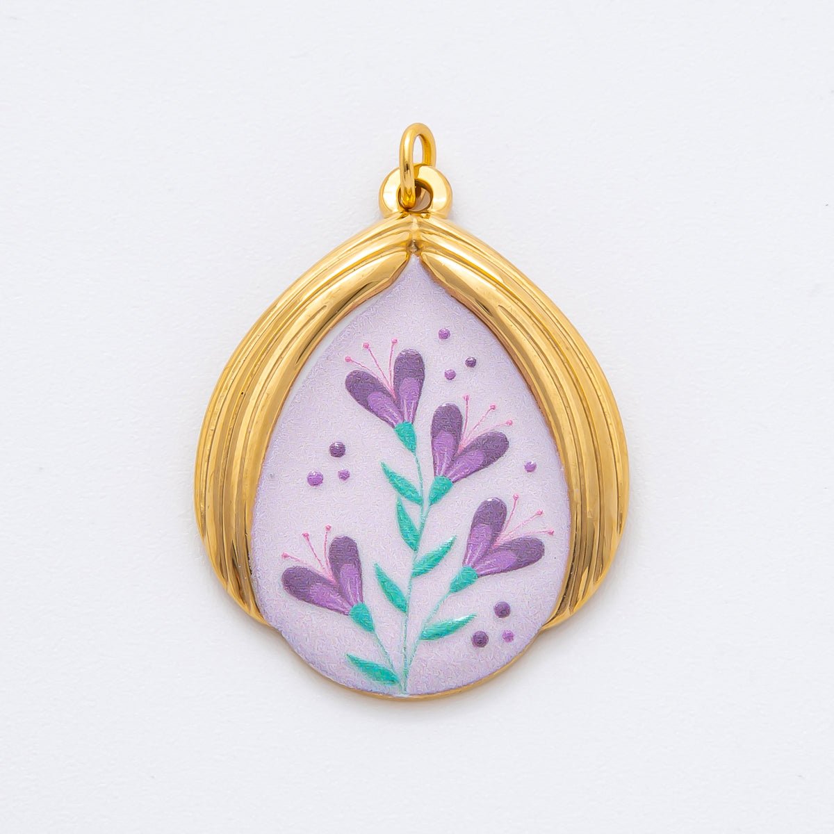 Gold Stainless Steel 35mm Hand - Painted Enamel Romantic Lavender Flower Charm | J797 - DLUXCA