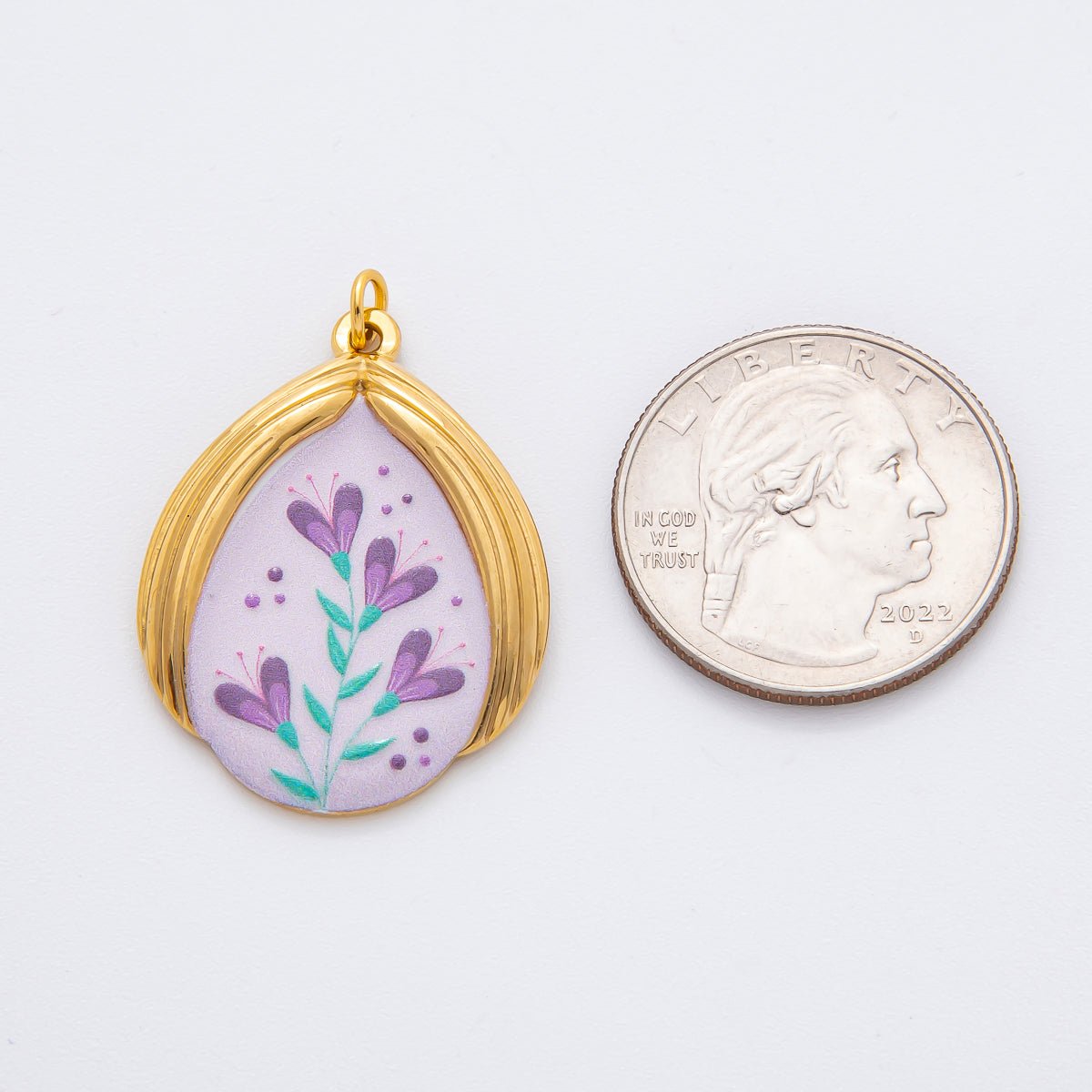 Gold Stainless Steel 35mm Hand - Painted Enamel Romantic Lavender Flower Charm | J797 - DLUXCA