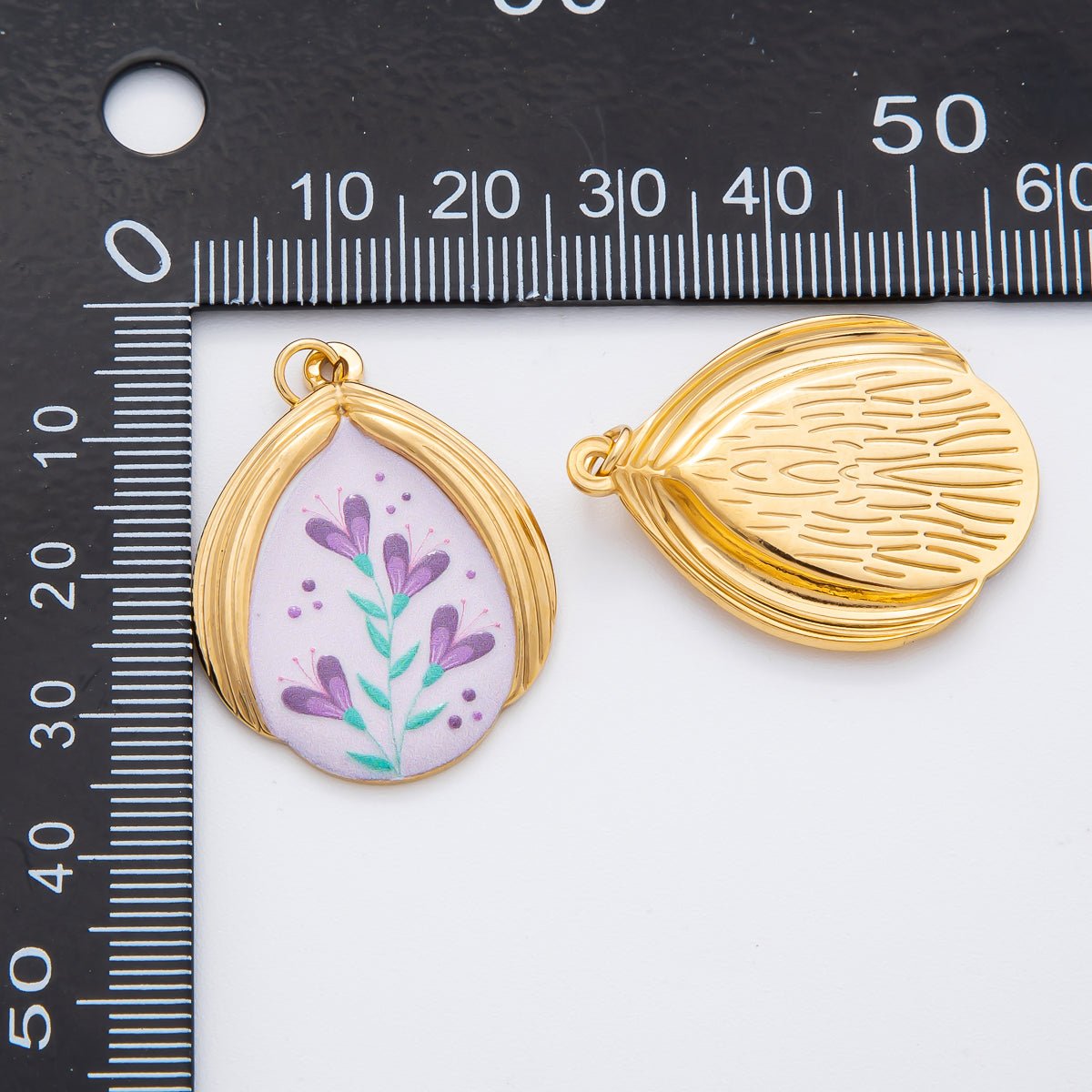 Gold Stainless Steel 35mm Hand - Painted Enamel Romantic Lavender Flower Charm | J797 - DLUXCA