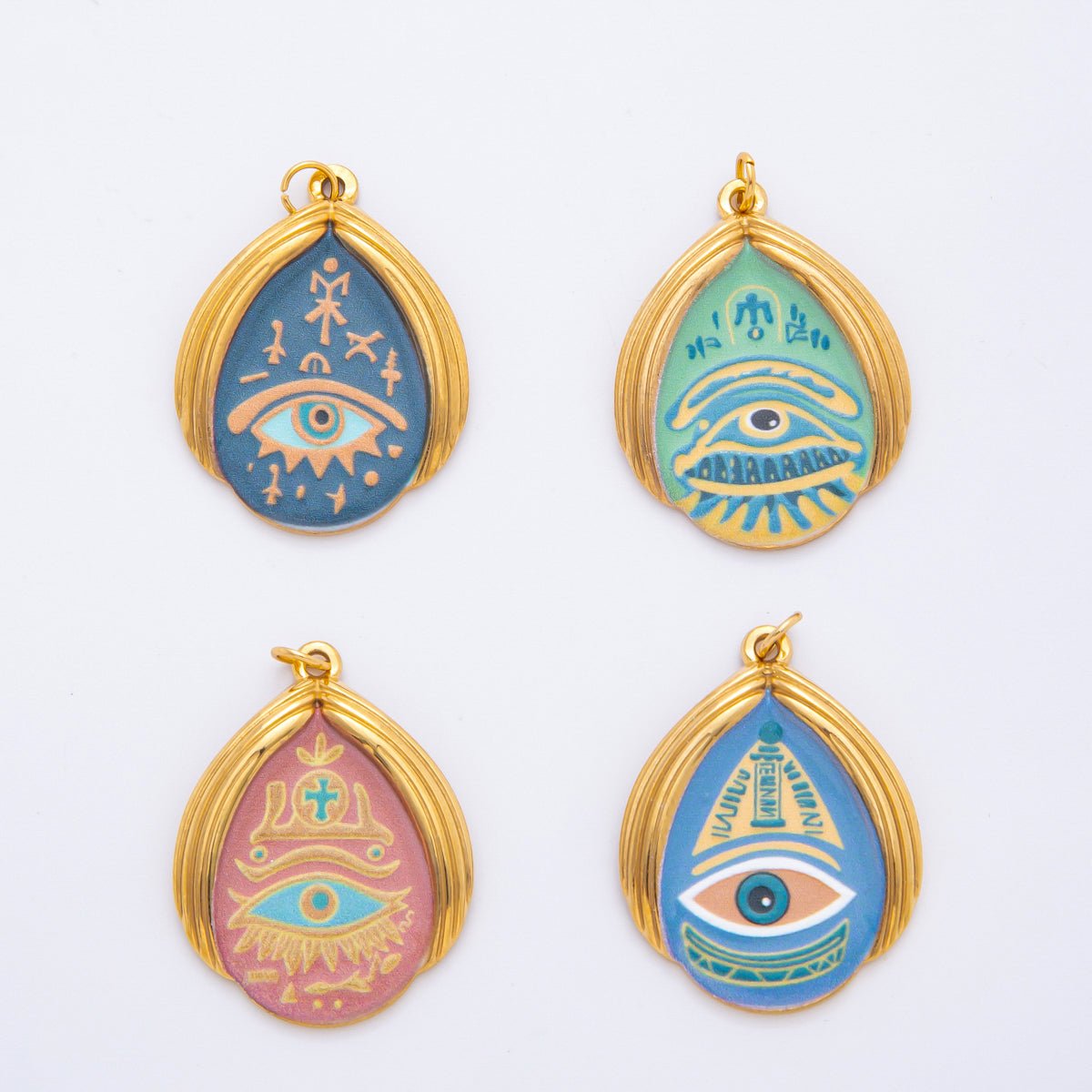 Gold Stainless Steel 35mm Hand - Painting Enamel Teardrop Evil Eye Charm | J699 J709 J712 J717 - DLUXCA