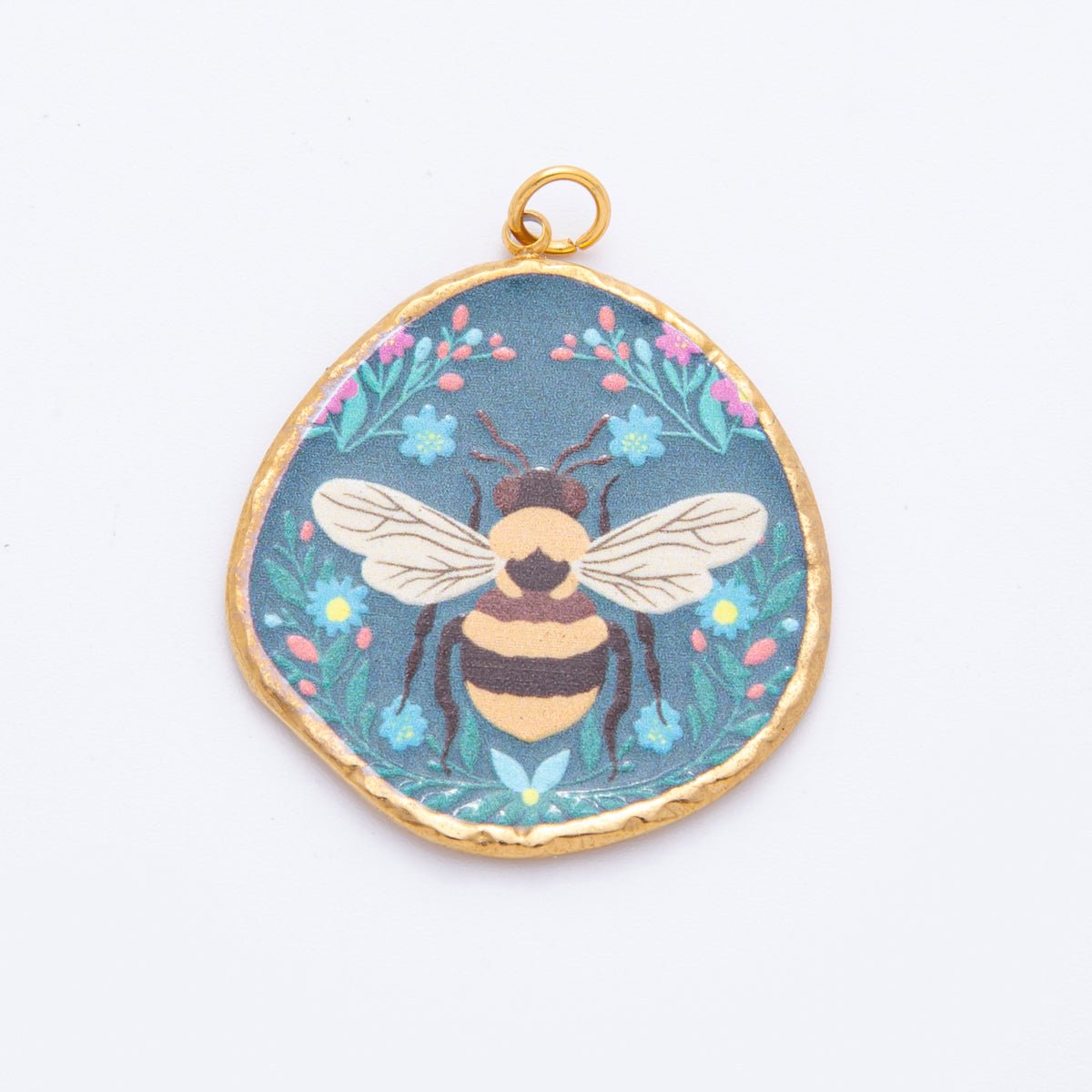 Gold Stainless Steel 36mm Hand - Painted Enamel Small Honey Bee Charm | J445 - DLUXCA