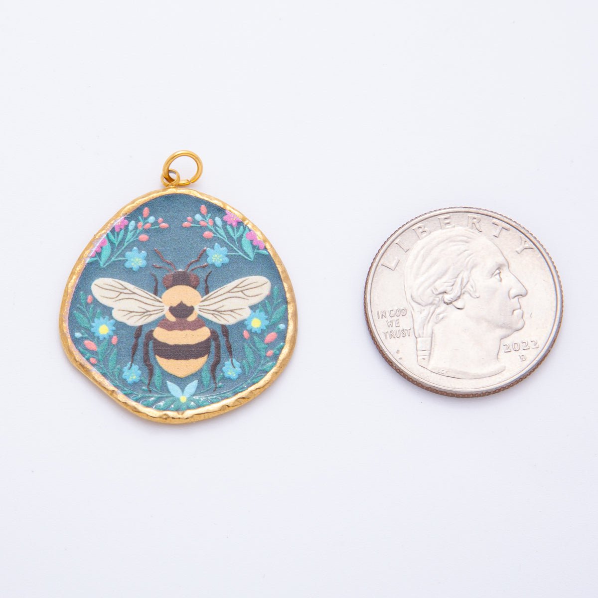 Gold Stainless Steel 36mm Hand - Painted Enamel Small Honey Bee Charm | J445 - DLUXCA