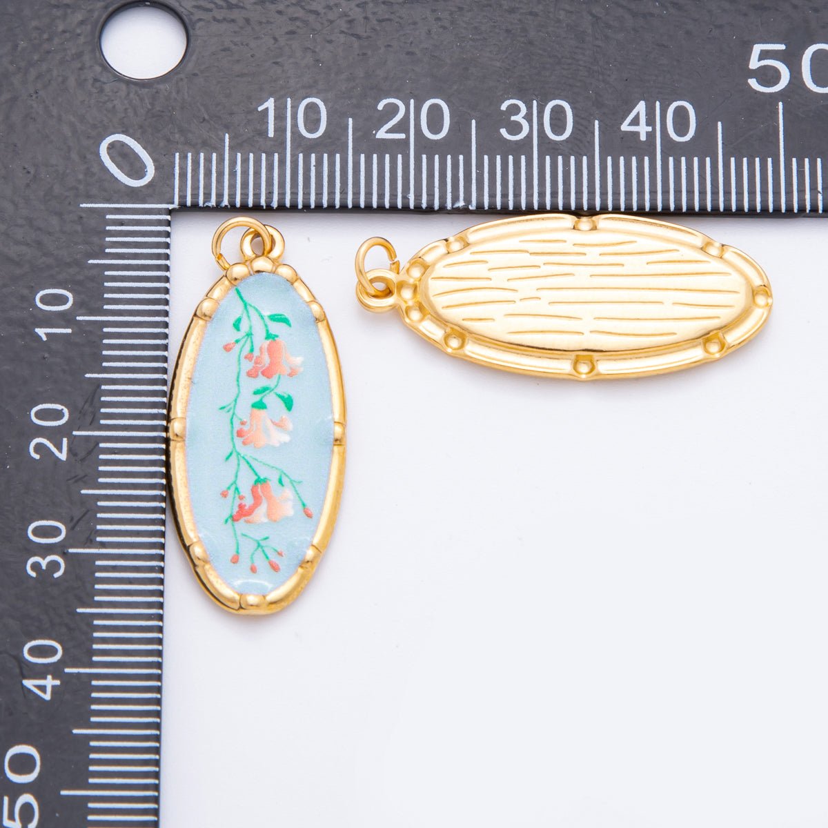Gold Stainless Steel 37mm Hand - Painted Enamel Oval Wildflower Charm | J398 J406 J409 J411 J419 - DLUXCA