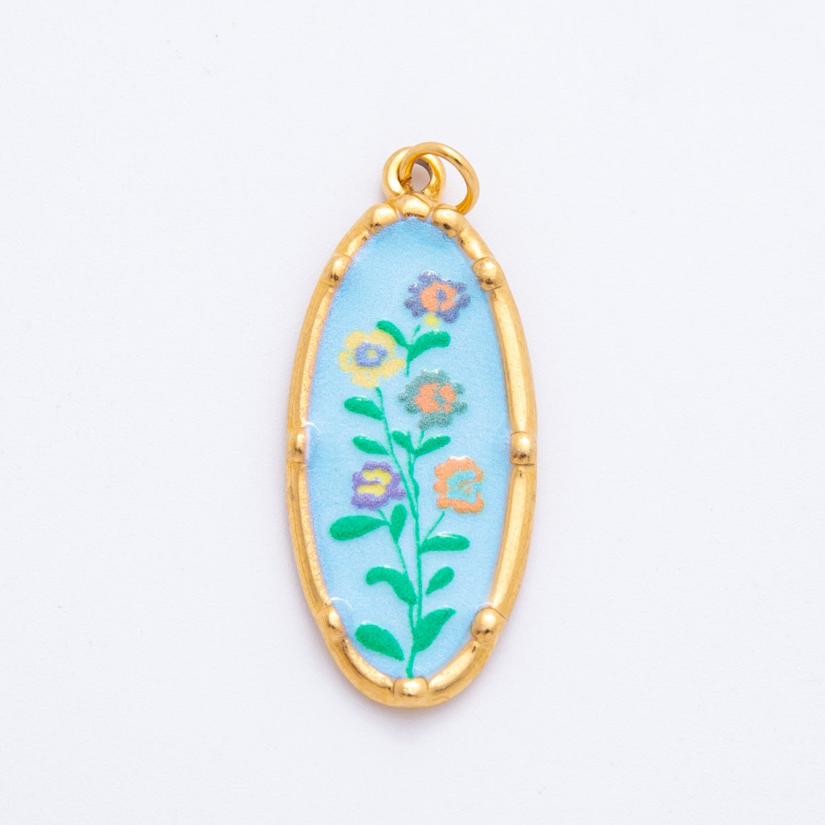 Gold Stainless Steel 37mm Hand - Painted Enamel Oval Wildflower Charm | J398 J406 J409 J411 J419 - DLUXCA