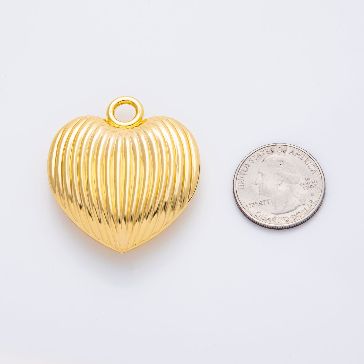 Gold Stainless Steel 45mm Puffy Linear Stripes Heart Charm | J858 - DLUXCA