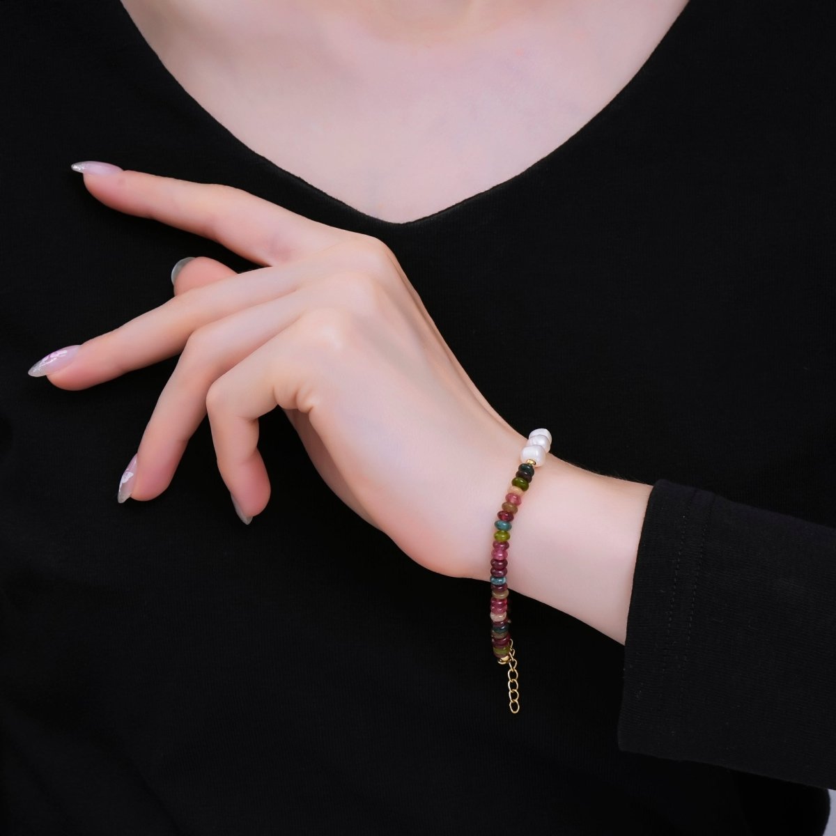 Gold Stainless Steel 4.8mm Midnight Garden 7 Inches Pearl Beads Bracelet | WA - 1368 - DLUXCA