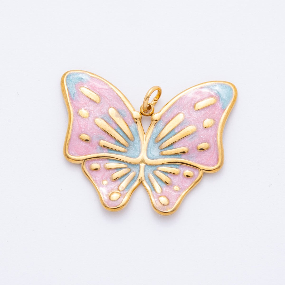 Gold Stainless Steel 48mm Orange & Green Enamel Mariposa Butterfly Dual Colors Charm | J232 J242 - DLUXCA